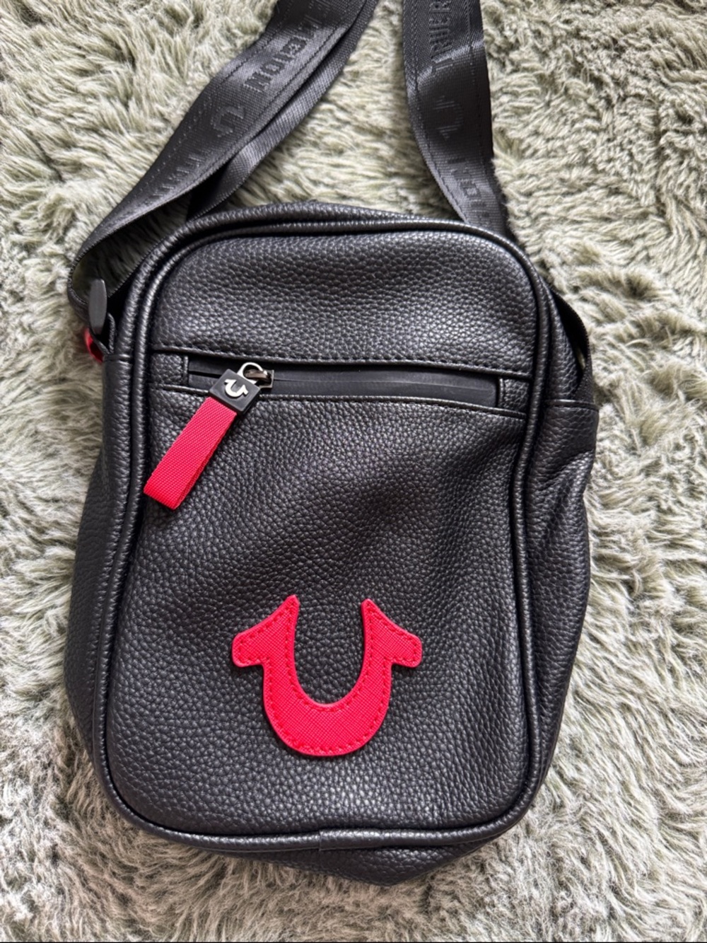 True Religion Black Pebbled Leather Crossbody with Red Accents
